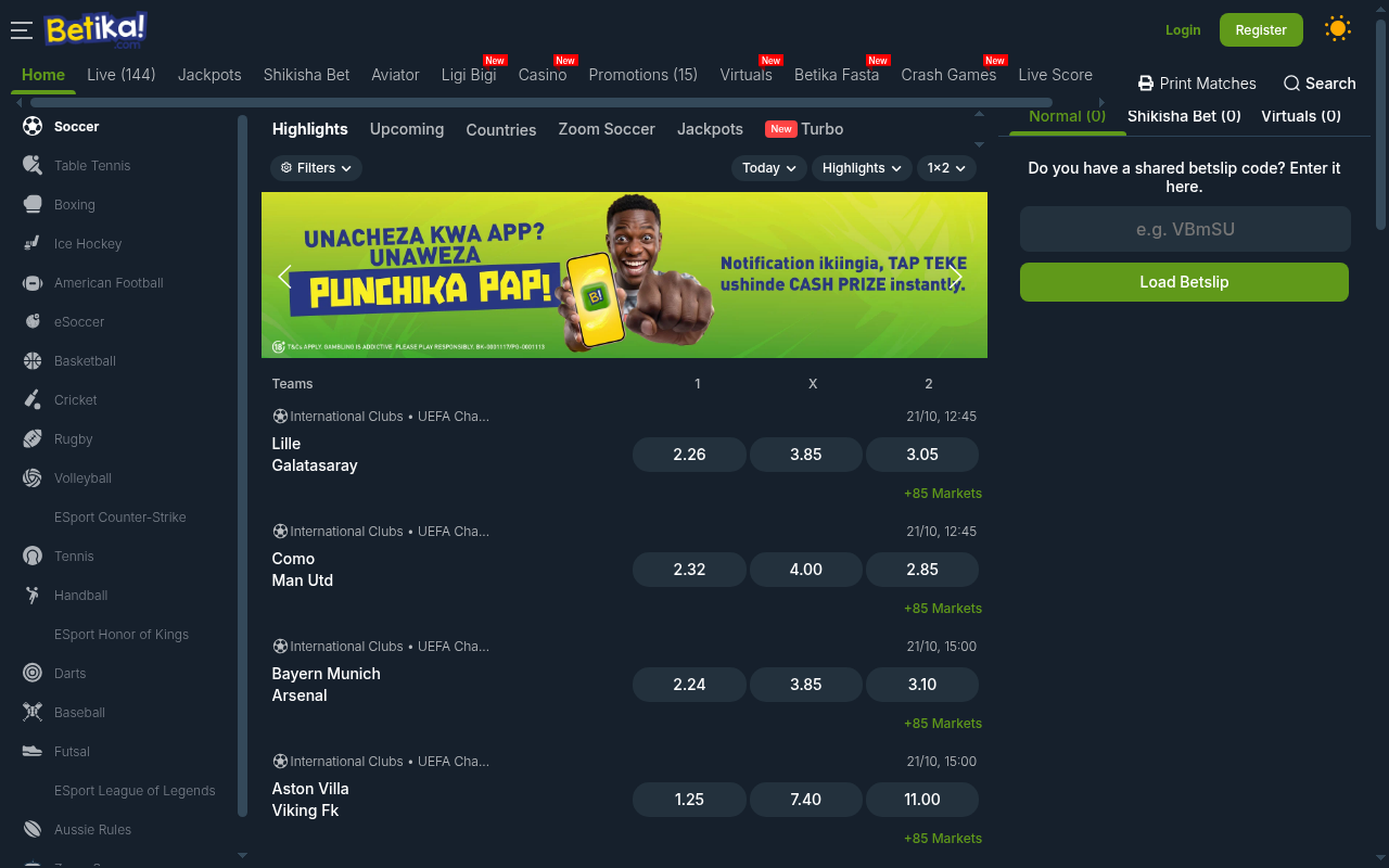 Betika homepage screenshot (betika.com)